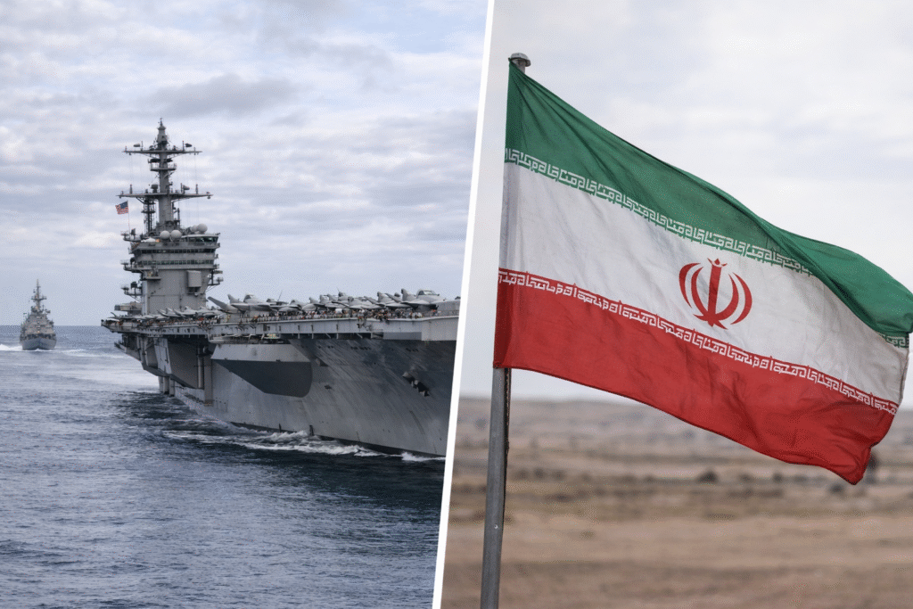 Split image showing a U.S. aircraft carrier with fighter jets at sea on the left and an Iranian flag waving over a desert landscape on the right, symbolizing rising tensions and military escalation in the Middle East.