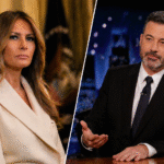 Split image showing a formally dressed woman in an elegant setting on one side and a late-night talk show host seated at a desk in a studio on the other