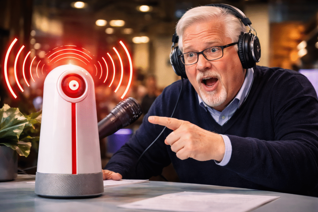 Talk show host reacts with surprise in a studio as a glowing speech-detection device emits alarm signals on a desk beside a microphone