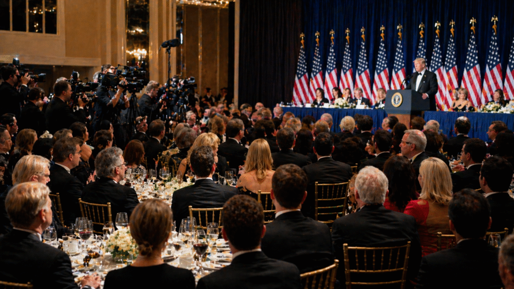 A formal ballroom filled with attendees in evening attire seated at round tables, facing a stage with a speaker at a podium, American flags behind, and media cameras capturing the event