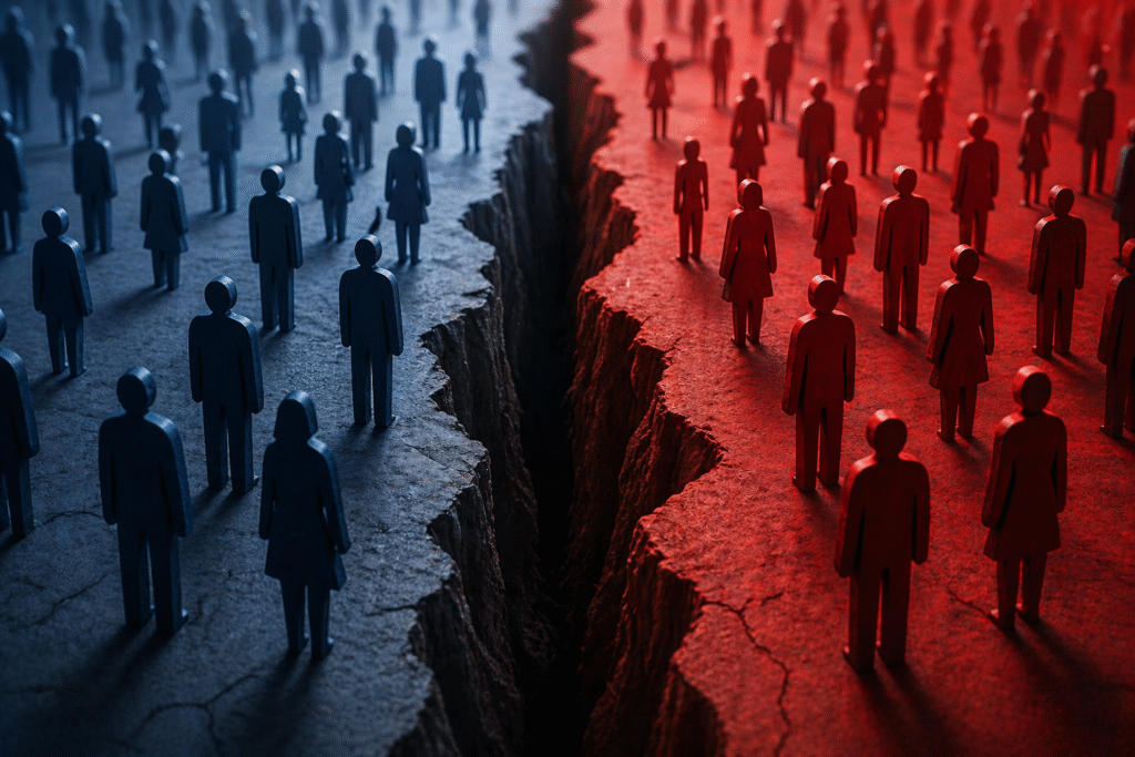 Abstract figures standing on opposite sides of a deep divide, with blue tones on one side and red tones on the other, symbolizing ideological and societal division.