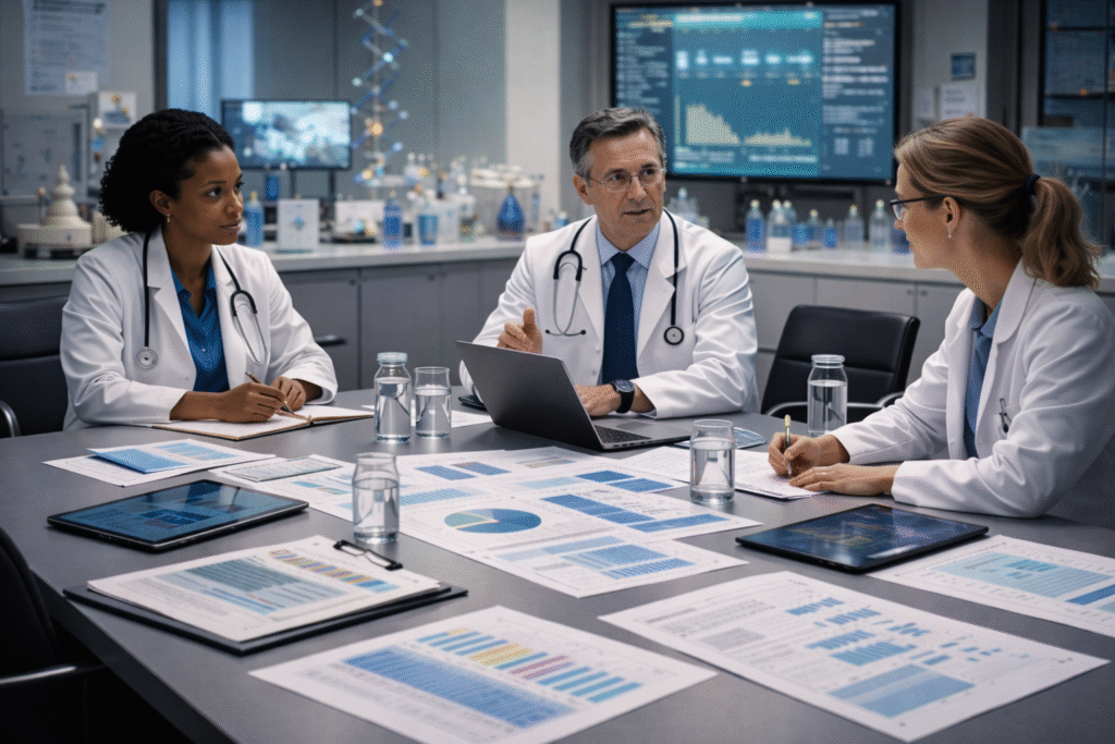 Three medical professionals in white lab coats seated around a conference table reviewing charts and reports, with data displays and laboratory equipment visible in the background