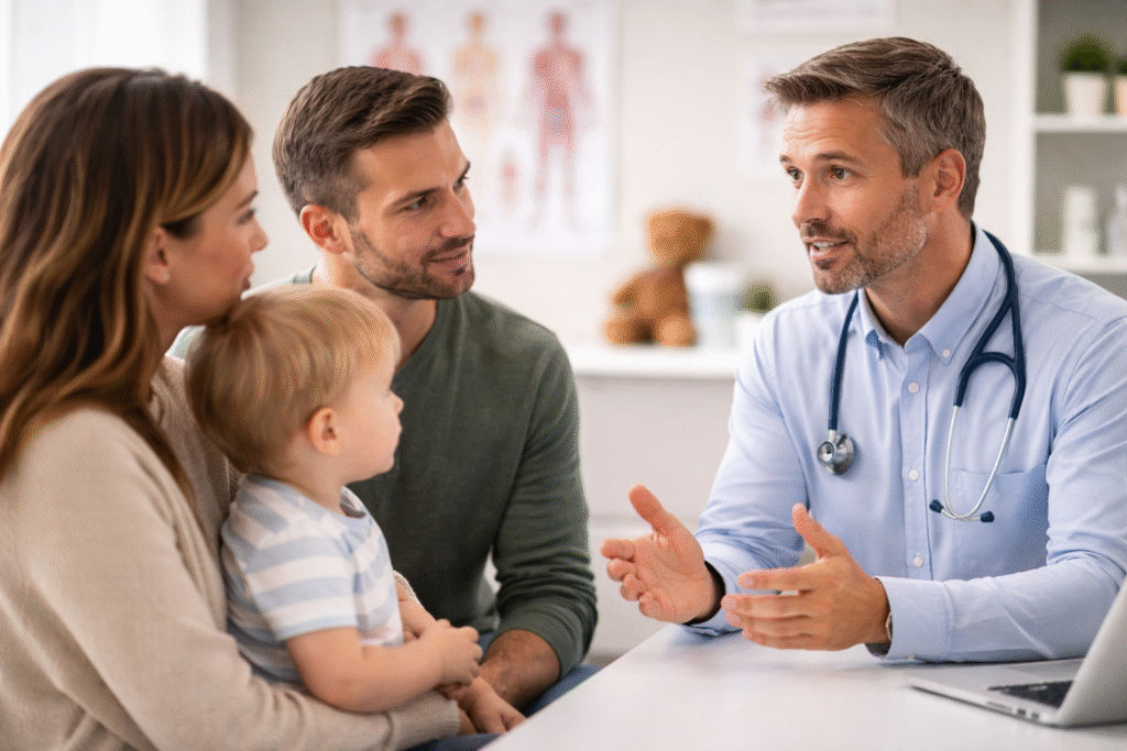 Pediatrician speaking with two parents and their young child in a medical office, engaging in a calm discussion about the child’s care