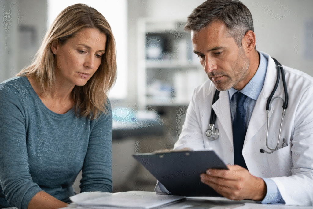 Patient sitting in a medical office looking concerned while a doctor reviews paperwork on a clipboard, with clinical equipment softly blurred in the background