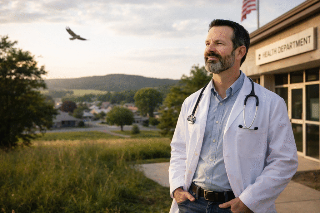 Doctor standing outside a rural health department building overlooking a small town, with rolling hills and an eagle flying in the sky in the background
