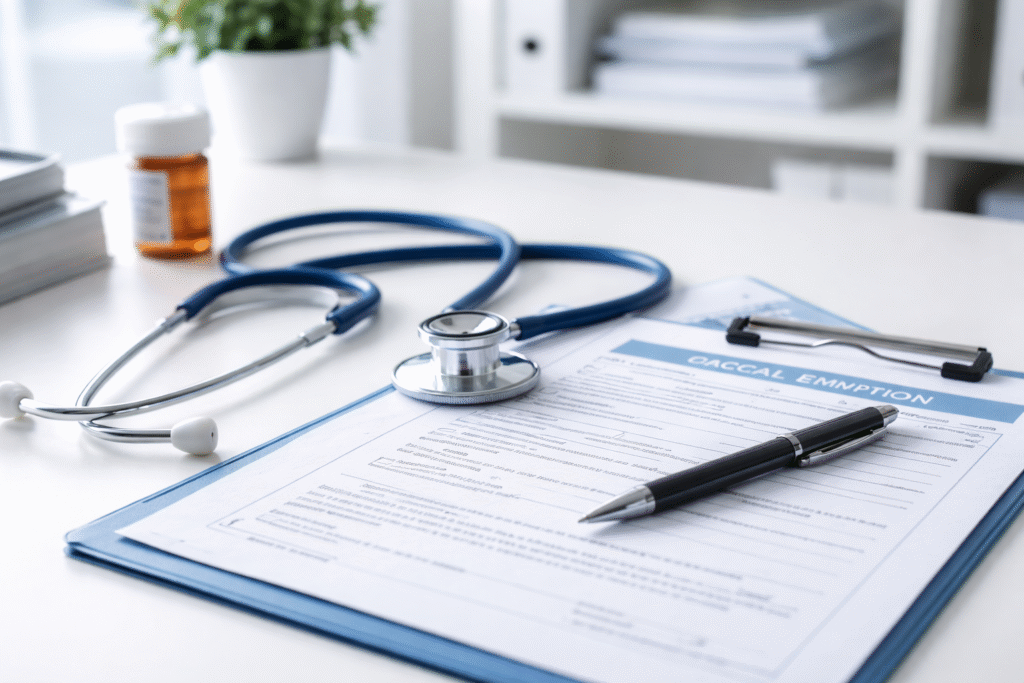 Doctor’s desk with stethoscope, clipboard, and pen on medical forms representing healthcare decisions and vaccine exemptions