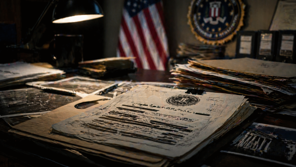 Stack of documents and folders on a dimly lit desk with a lamp and American flag in the background suggesting a federal investigation setting