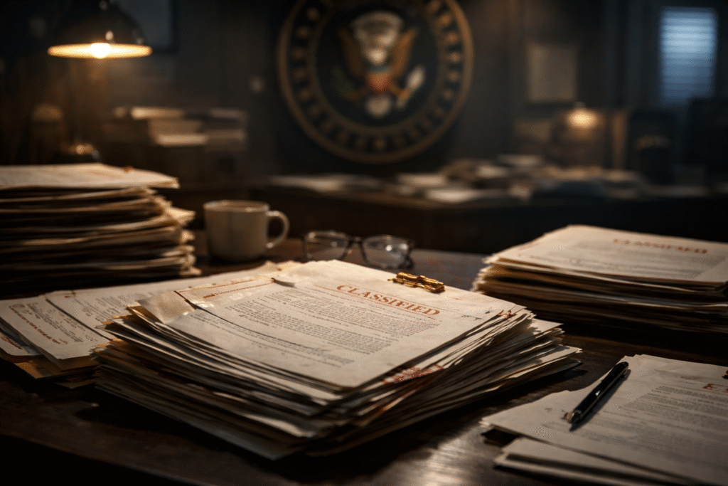 Stack of classified documents on a desk in a dimly lit government office, with a blurred U.S. seal in the background, suggesting an official investigation setting
