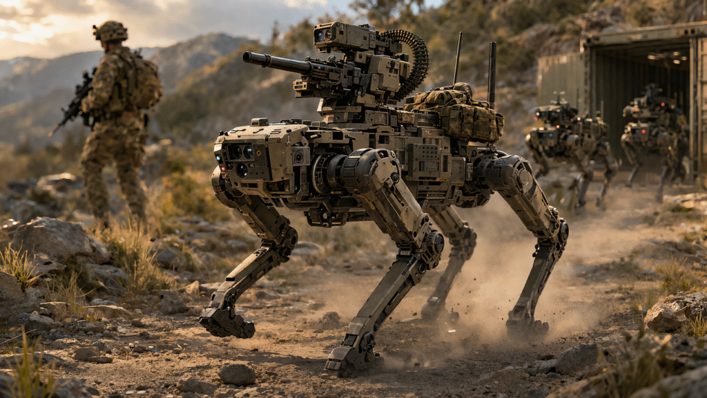 Armed quadruped military robot standing on rocky terrain with a soldier in the background, representing modern robotic warfare