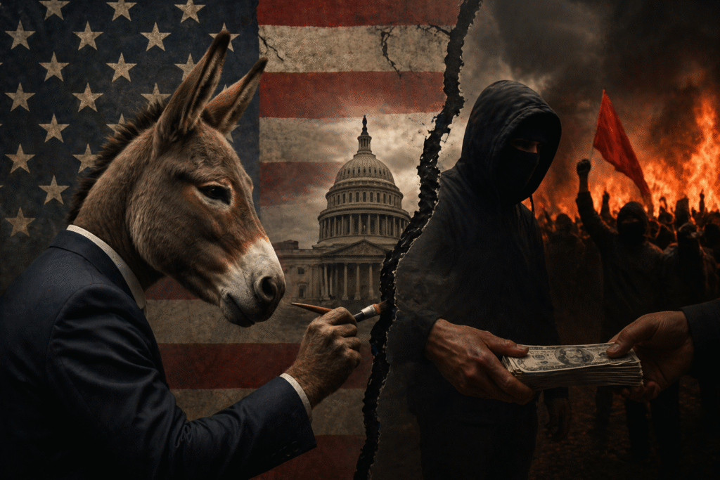 Split image of a divided United States, featuring the Capitol building against an American flag backdrop, with symbolic elements of political tension, protest, and unrest on opposite sides