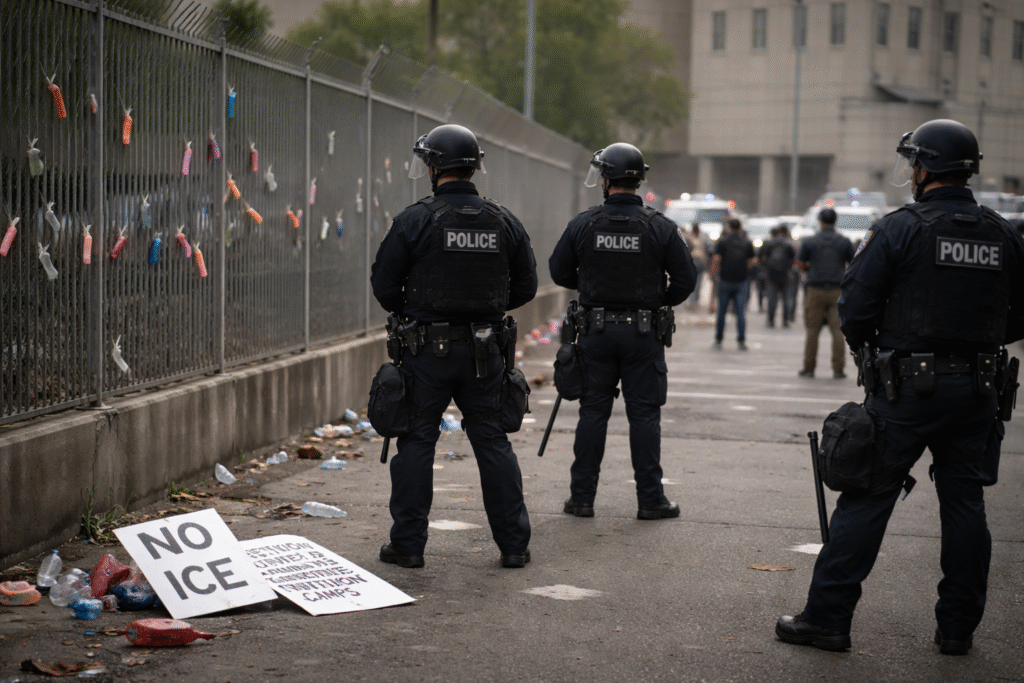 Police officers in riot gear stand near a fenced detention facility in downtown Los Angeles, with scattered protest signs and debris on the ground and blurred demonstrators in the background.