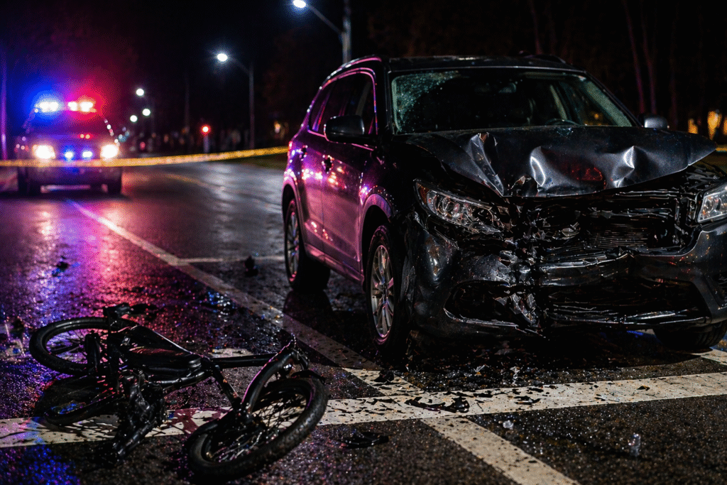 Damaged SUV and fallen e-bike on a wet road at night, with police lights and debris marking the scene of a fatal collision.