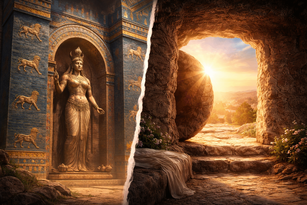 Split image showing ancient Babylonian Ishtar gate with goddess statue on one side and empty tomb at sunrise on the other, symbolizing contrast between pagan tradition and Christian resurrection