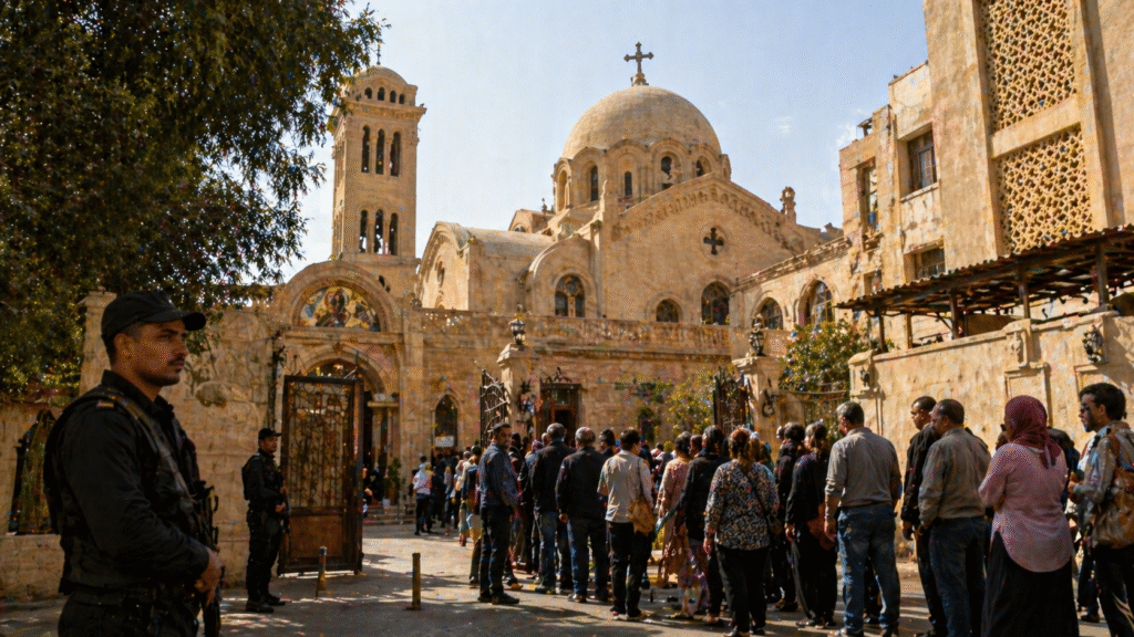 Crowd gathered outside a large Coptic church in Egypt with security personnel present at the entrance, reflecting heightened tensions around religious activity.