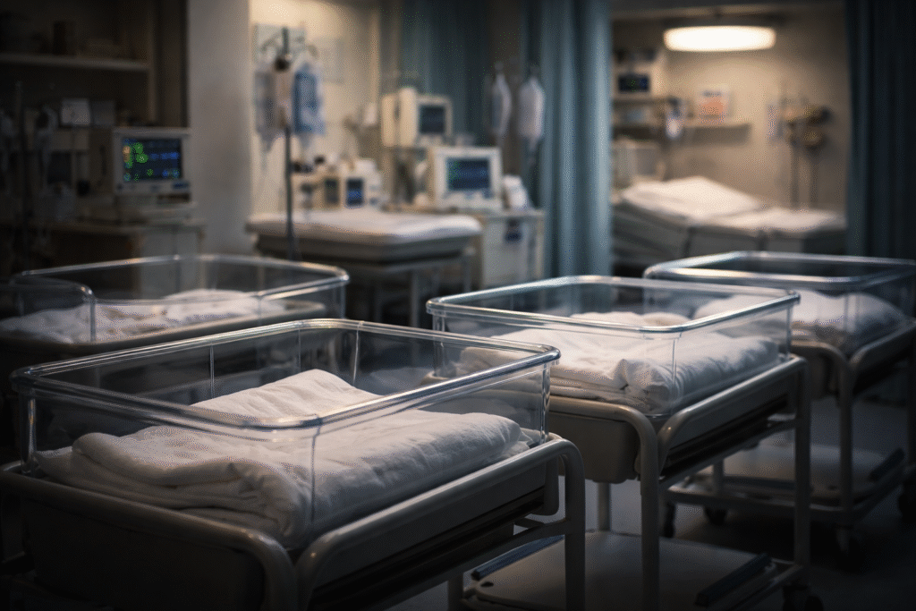 Empty hospital nursery with multiple clear bassinets neatly arranged, soft blankets inside, and medical equipment blurred in the background under dim lighting