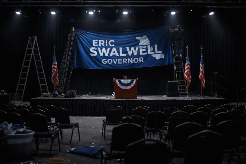 Campaign stage with chairs in the foreground as workers remove a large political banner, symbolizing a campaign being shut down and loss of support.