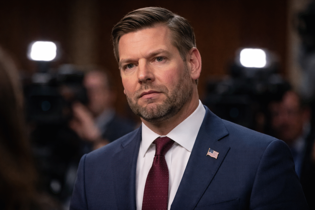 Man in a suit standing before blurred cameras and bright lights, with a serious expression in a press conference setting