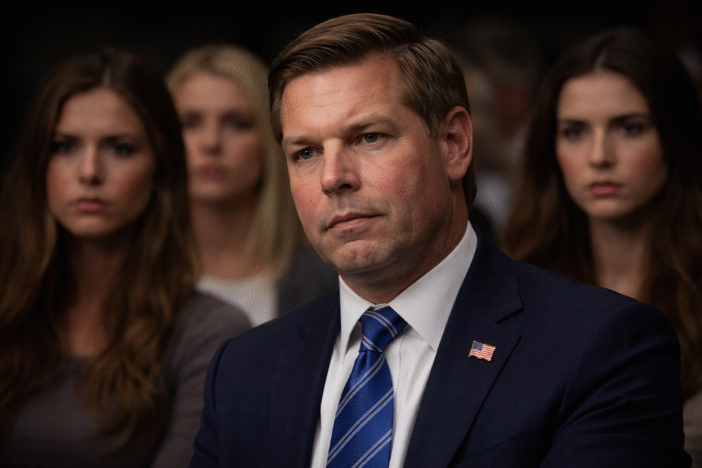 Man in a suit seated in a formal setting with a serious expression, with three blurred women in the background appearing concerned, suggesting a tense or controversial situation