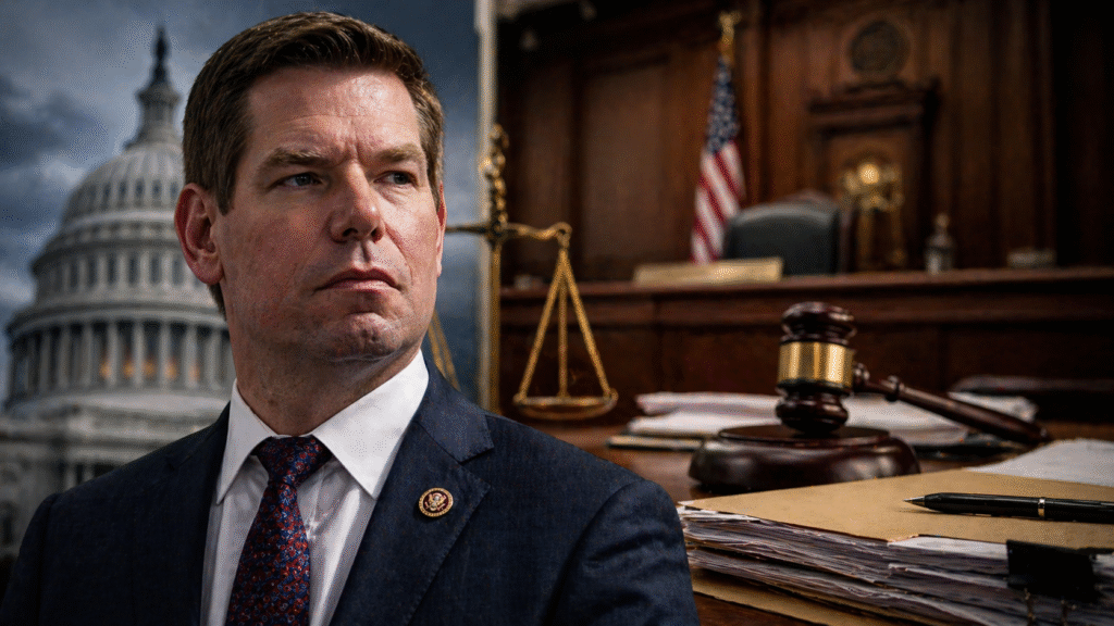 A serious-looking man in formal attire stands before a courtroom setting with a judge’s bench, gavel, legal documents, and a government building in the background, symbolizing legal investigation and political scrutiny
