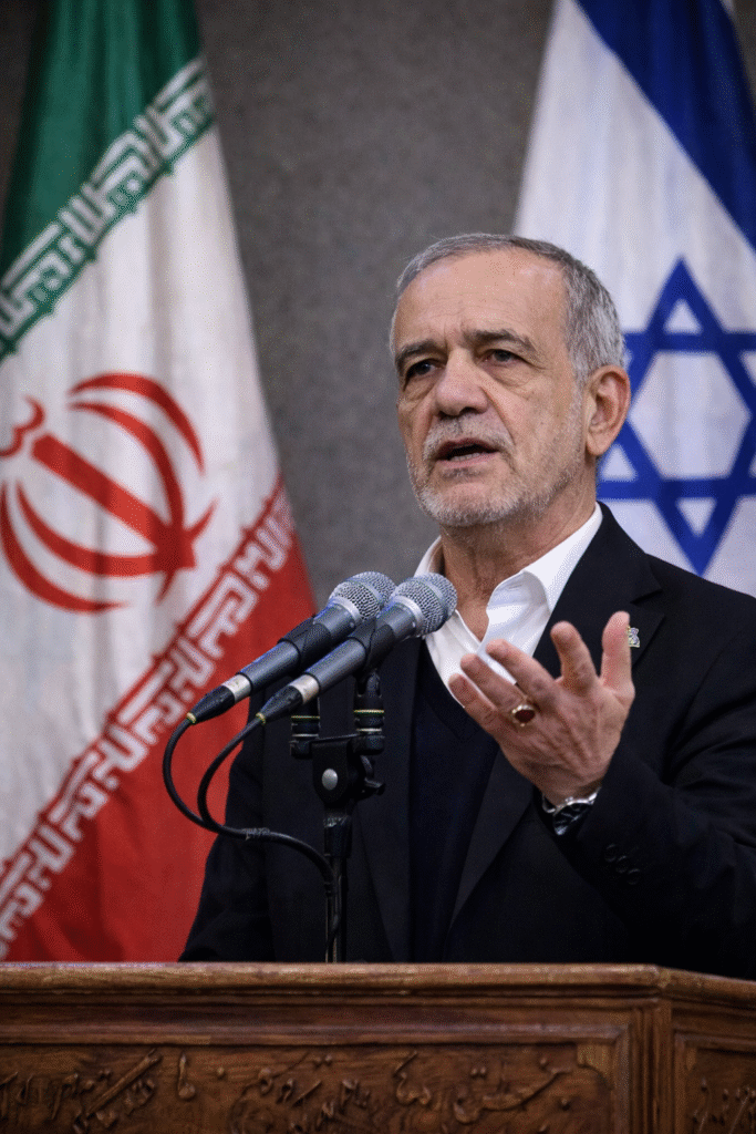 Iranian president speaking at a wooden podium with multiple microphones, gesturing with his hand, with Iranian and Israeli flags visible behind him