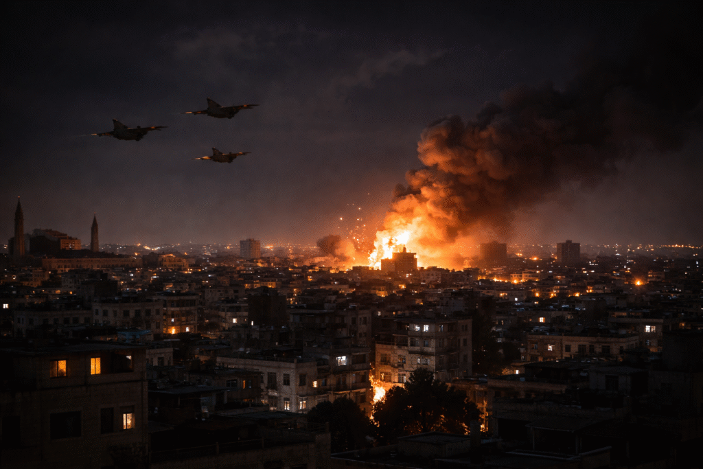 Nighttime city skyline with a large explosion and rising smoke in the distance, while military jets fly overhead, illustrating an airstrike and urban conflict scene