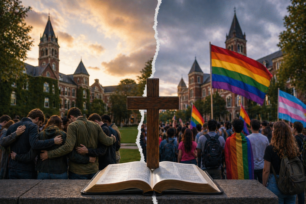 Split campus scene showing a group in prayer on one side and a crowd with rainbow flags on the other, divided by a central cross and open Bible under a dramatic sky