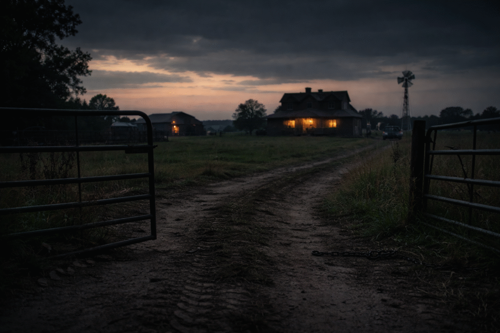 Rural farm at dusk with an open gate, dirt road with tire tracks, and a distant farmhouse, symbolizing safety concerns and rising farm attacks in South Africa.