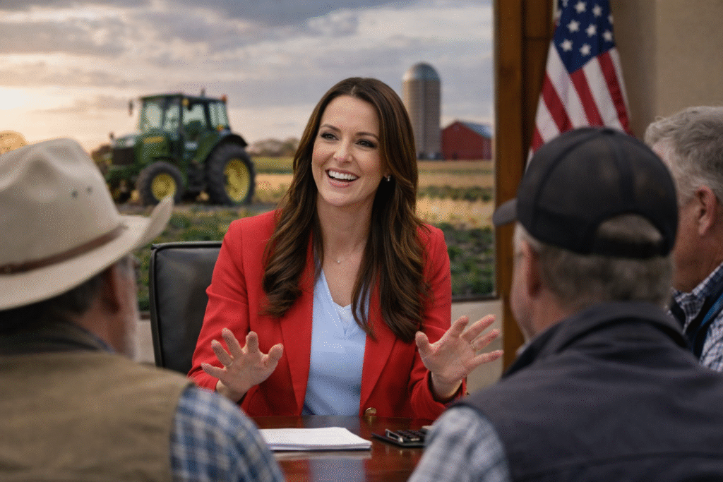 Woman in a red blazer speaking with a group of farmers seated around a table, with a tractor, barn, and farmland visible in the background, representing agricultural leadership and discussion