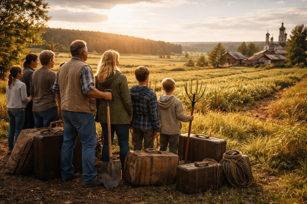 Group of Afrikaner families standing with luggage and farming tools, overlooking a bright, sunlit rural landscape with fields, wooden homes, and a distant church in the background