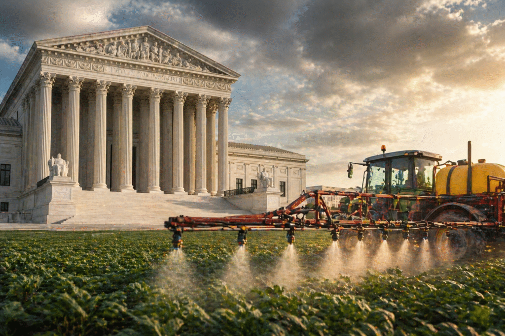 United States Supreme Court building with a tractor spraying crops in the foreground, representing a legal battle over pesticide use and regulation