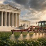 United States Supreme Court building with a tractor spraying crops in the foreground, representing a legal battle over pesticide use and regulation