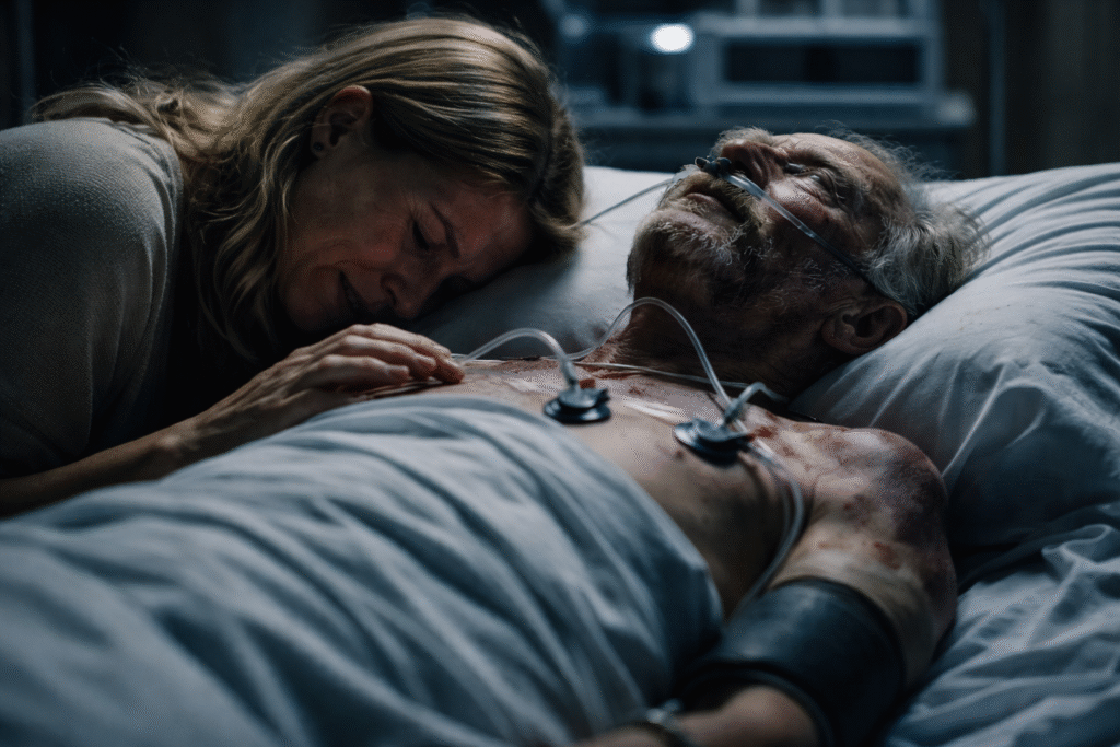 Grieving woman leaning over an elderly man in a hospital bed, holding his hand as he lies unresponsive with medical tubes and monitors attached