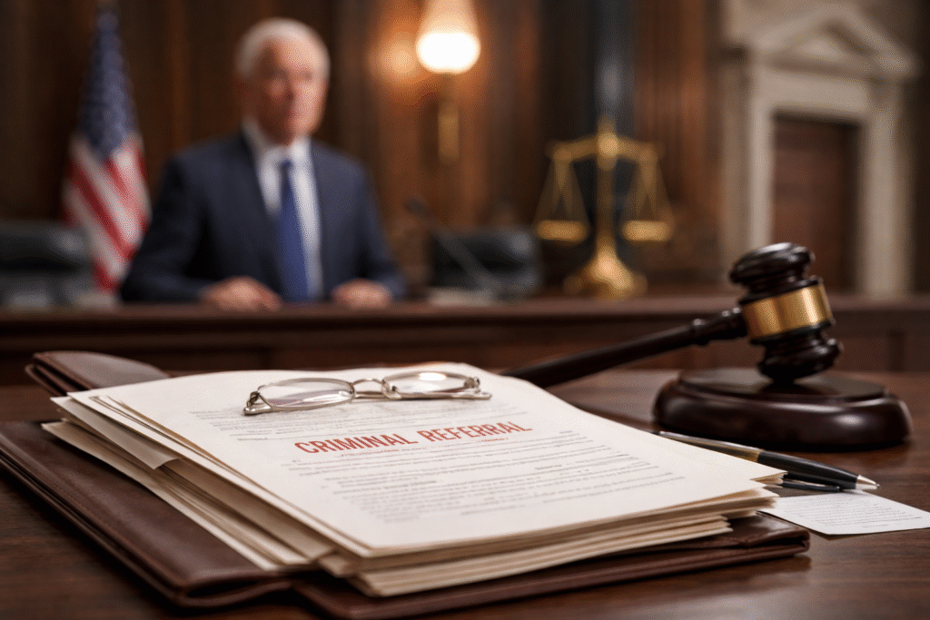 Stack of legal documents on a desk with a judge’s gavel and scales of justice in a courtroom setting, symbolizing criminal referrals against public health officials during the COVID-19 pandemic.