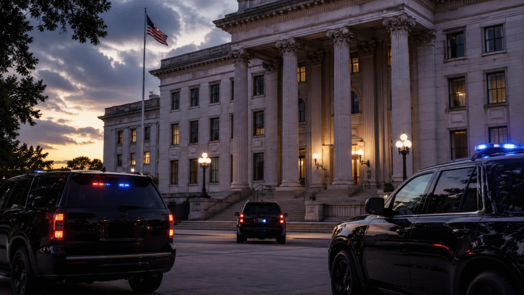 Federal courthouse building at dusk with illuminated columns and multiple law enforcement SUVs parked outside, emergency lights reflecting on the pavement.