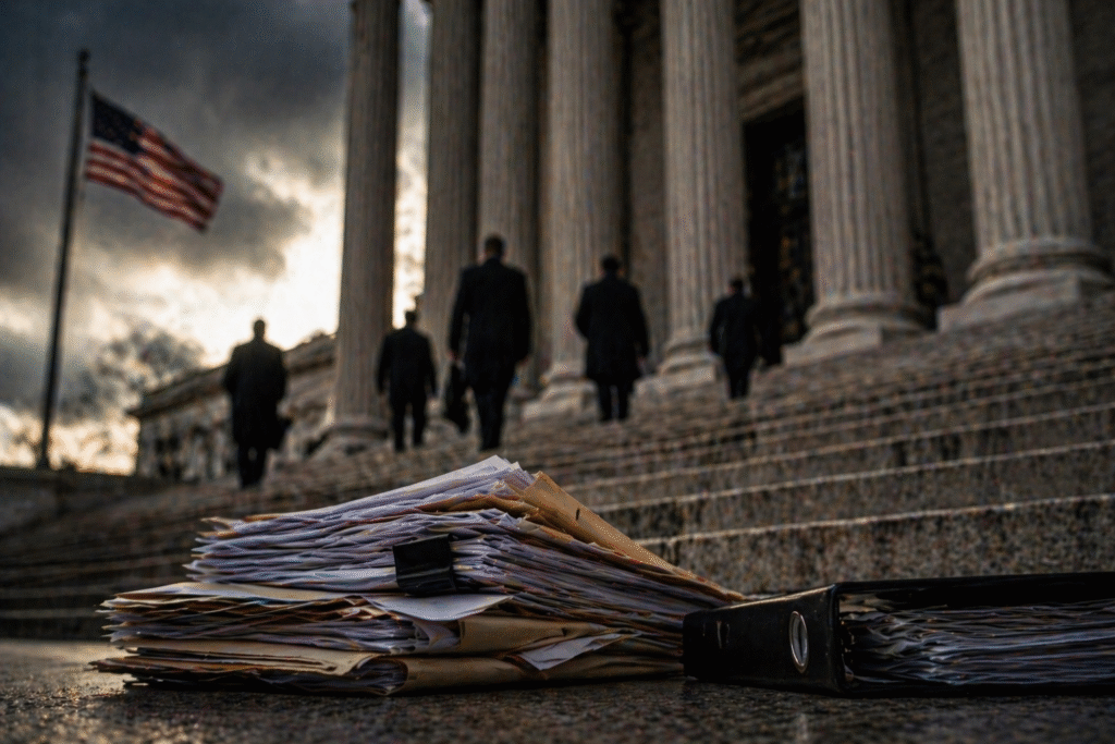 Stacked documents and files on courthouse steps with suited figures entering a federal building under a dramatic sky