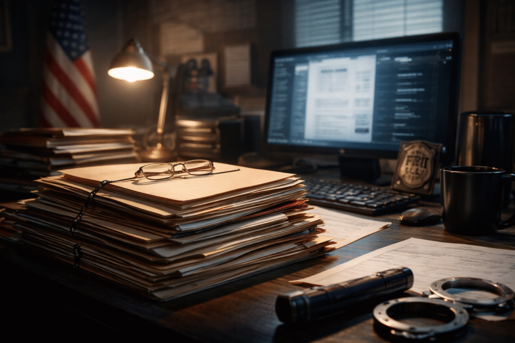 Stack of investigation files on a desk with a computer displaying documents, handcuffs, and an American flag in the background, representing a federal probe into alleged election misconduct.