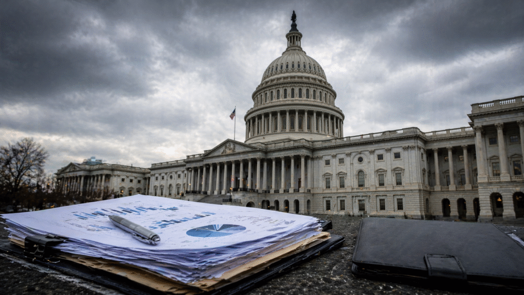 Financial documents and charts on a table in front of the U.S. Capitol building under an overcast sky, symbolizing government financial scrutiny