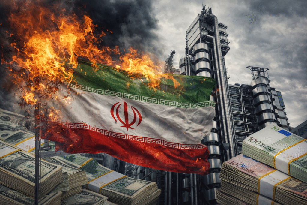 Burning Iranian flag in the foreground with stacks of cash and an industrial financial building in the background under a dark, cloudy sky
