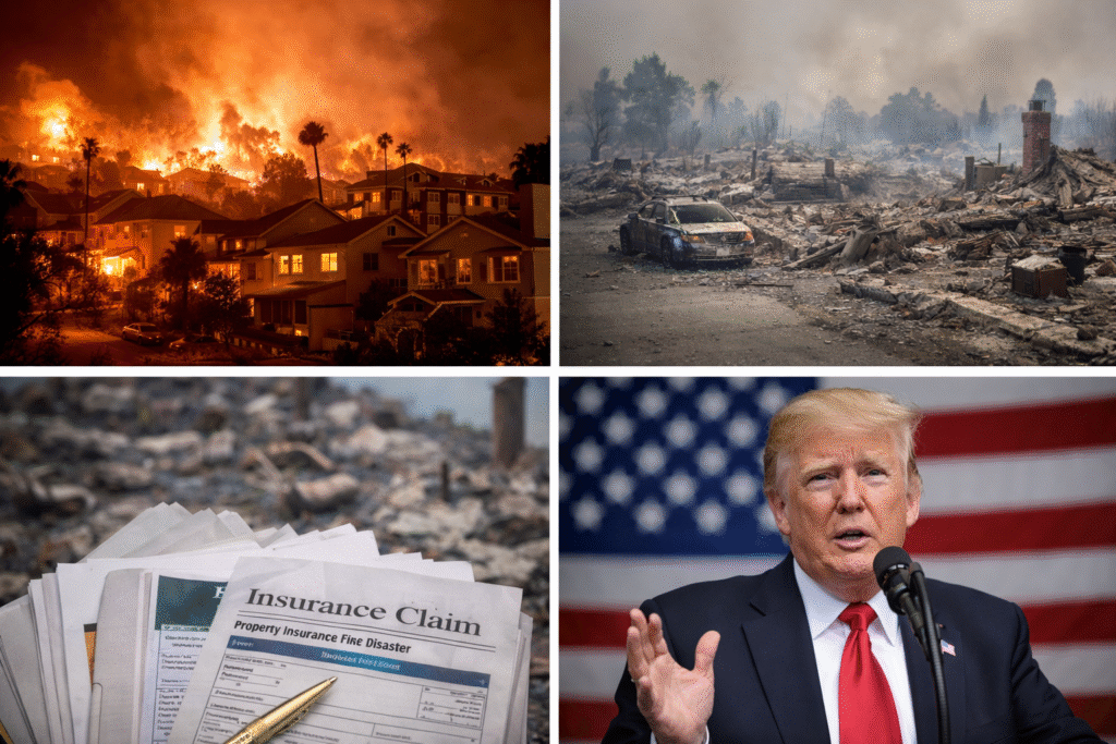 Collage showing a California neighborhood engulfed in wildfire flames, a burned-out residential area with debris and a damaged car, insurance claim documents in the foreground, and President Donald Trump speaking at a podium with an American flag backdrop