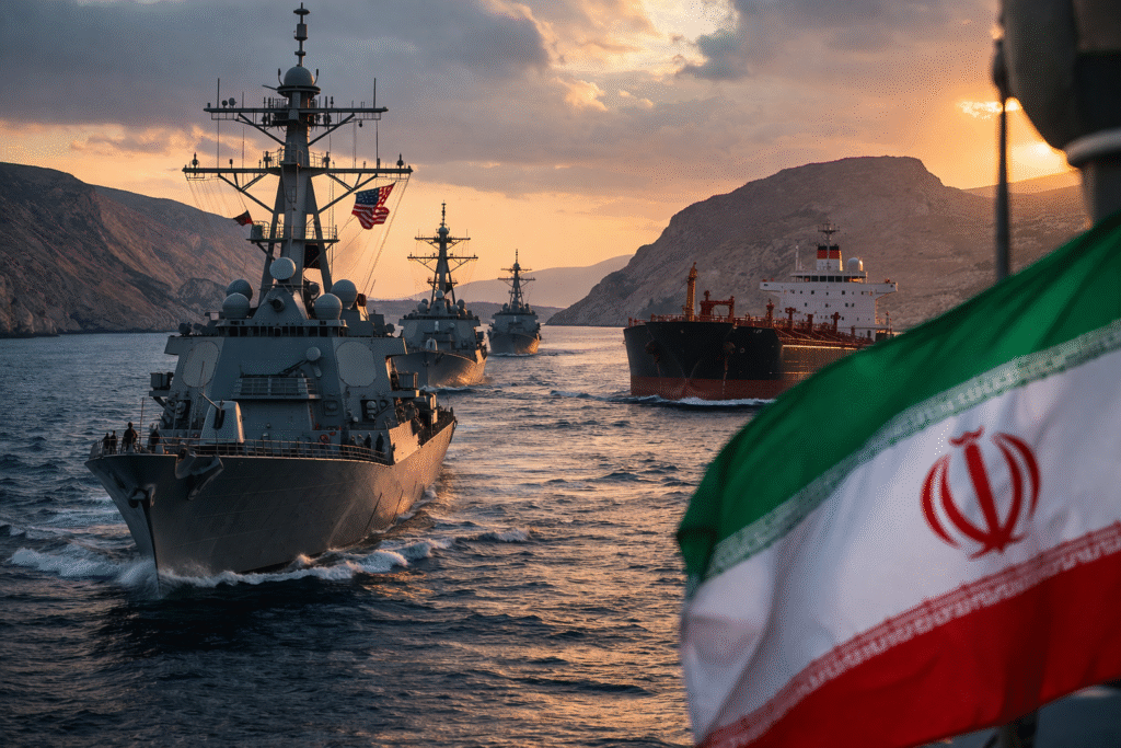 U.S. Navy warships escort a commercial tanker through a narrow strait at sunset, with an Iranian flag visible in the foreground and mountainous coastline in the background