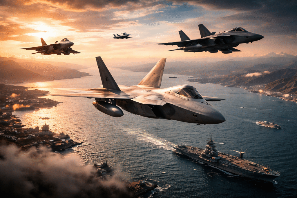 Four fighter jets flying in formation over a coastal region at sunset, with naval ships visible below on open water and mountainous terrain in the background