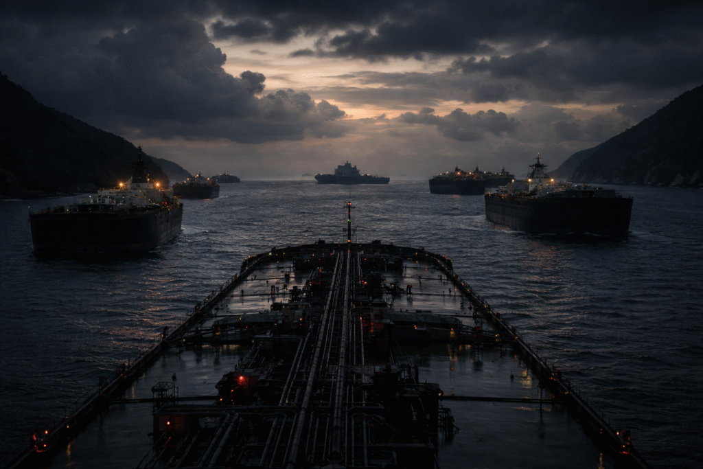 Multiple oil tankers halted in a narrow strait at dusk with a distant naval vessel on the horizon under dark, stormy skies, symbolizing a maritime blockade.