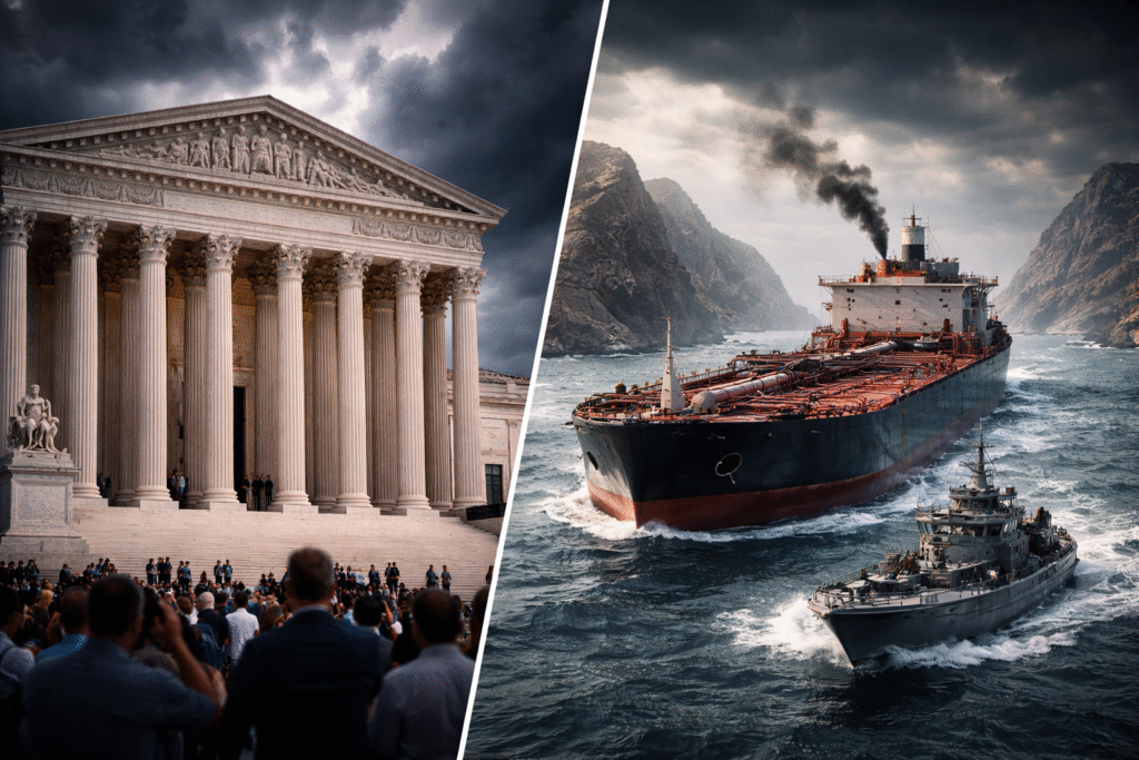 Split scene showing the U.S. Supreme Court building under dark skies on one side and a large oil tanker escorted by a patrol vessel moving through a narrow sea passage on the other