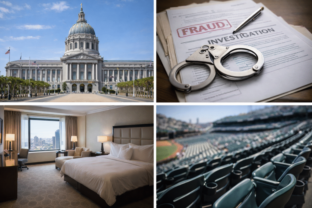 Collage showing San Francisco City Hall, documents with handcuffs indicating a fraud investigation, a luxury hotel room interior, and empty stadium seats representing alleged misuse of public funds