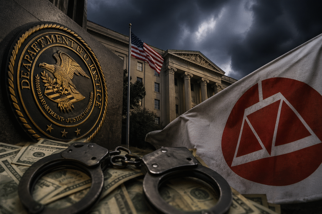 Department of Justice seal outside a courthouse under dark storm clouds, with handcuffs and cash in the foreground symbolizing a federal fraud and money laundering investigation