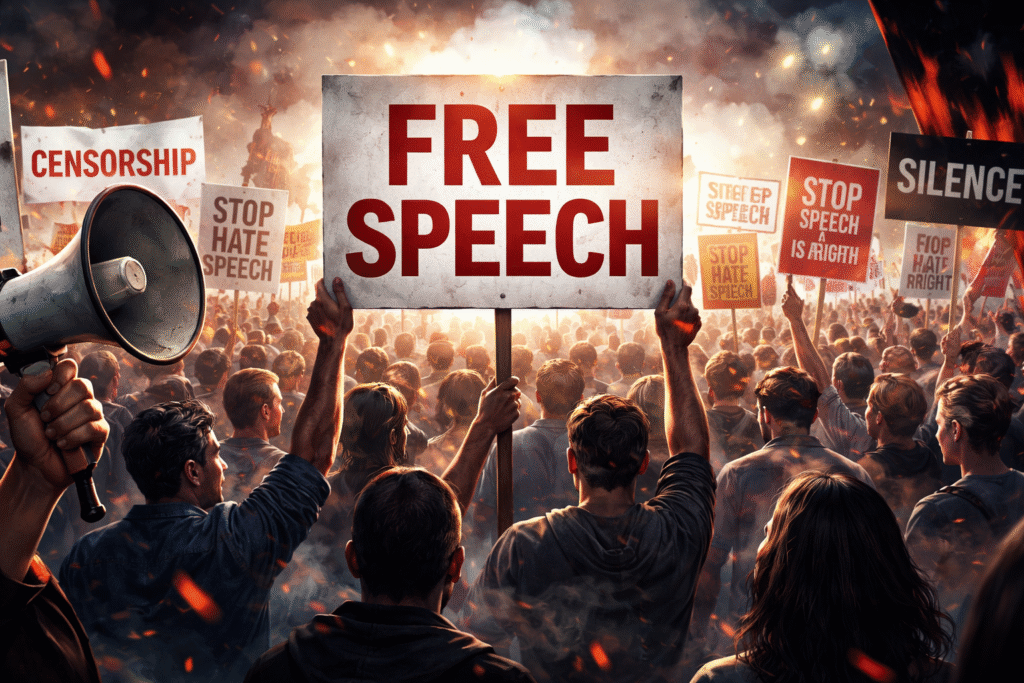 Crowd of protesters gathered in a tense demonstration, with individuals holding signs on both sides of a free speech debate, a central figure raising a sign while a megaphone is held in the foreground, surrounded by dramatic lighting and smoke.