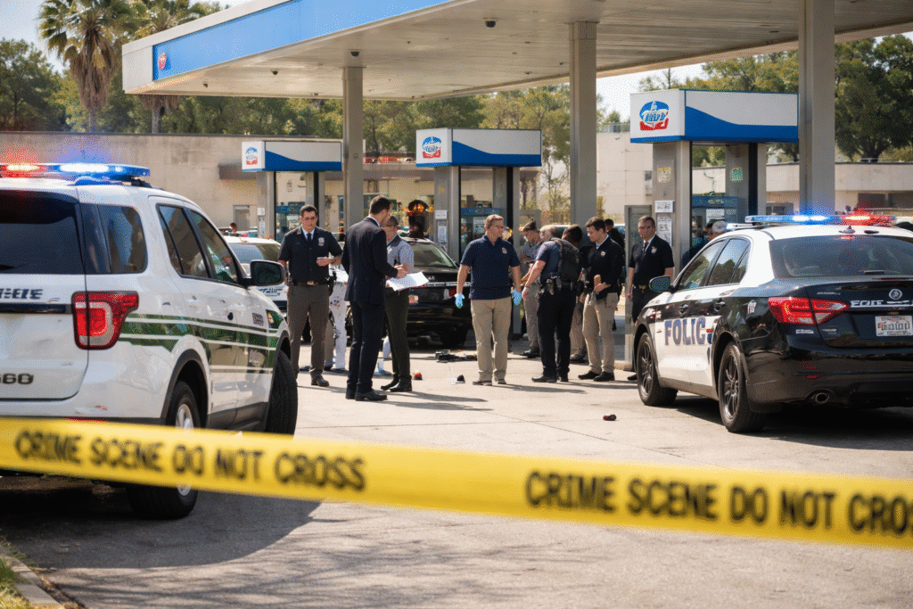 Police investigators examine a secured gas station scene with patrol vehicles and barriers in place during daylight.
