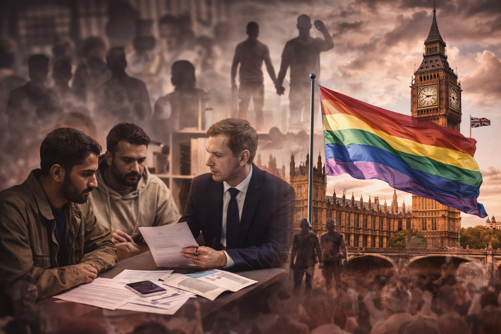 Composite scene showing a legal consultation between a suited advisor and two men reviewing documents, with the London skyline and Big Ben in the background, a rainbow flag prominently displayed, and shadowy figures and crowds symbolizing migration, identity claims, and public debate.
