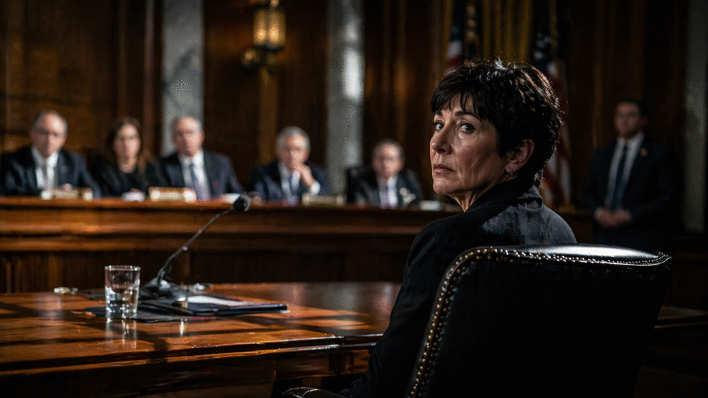 Woman seated at a courtroom table under dramatic lighting, with blurred officials behind her, suggesting a high-profile legal hearing or testimony setting.