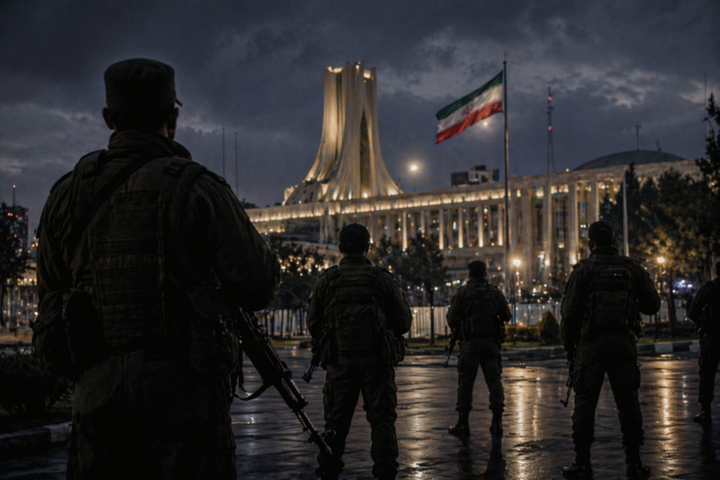 Armed soldiers standing guard in front of a government building in Tehran at night with the Iranian flag visible in the background